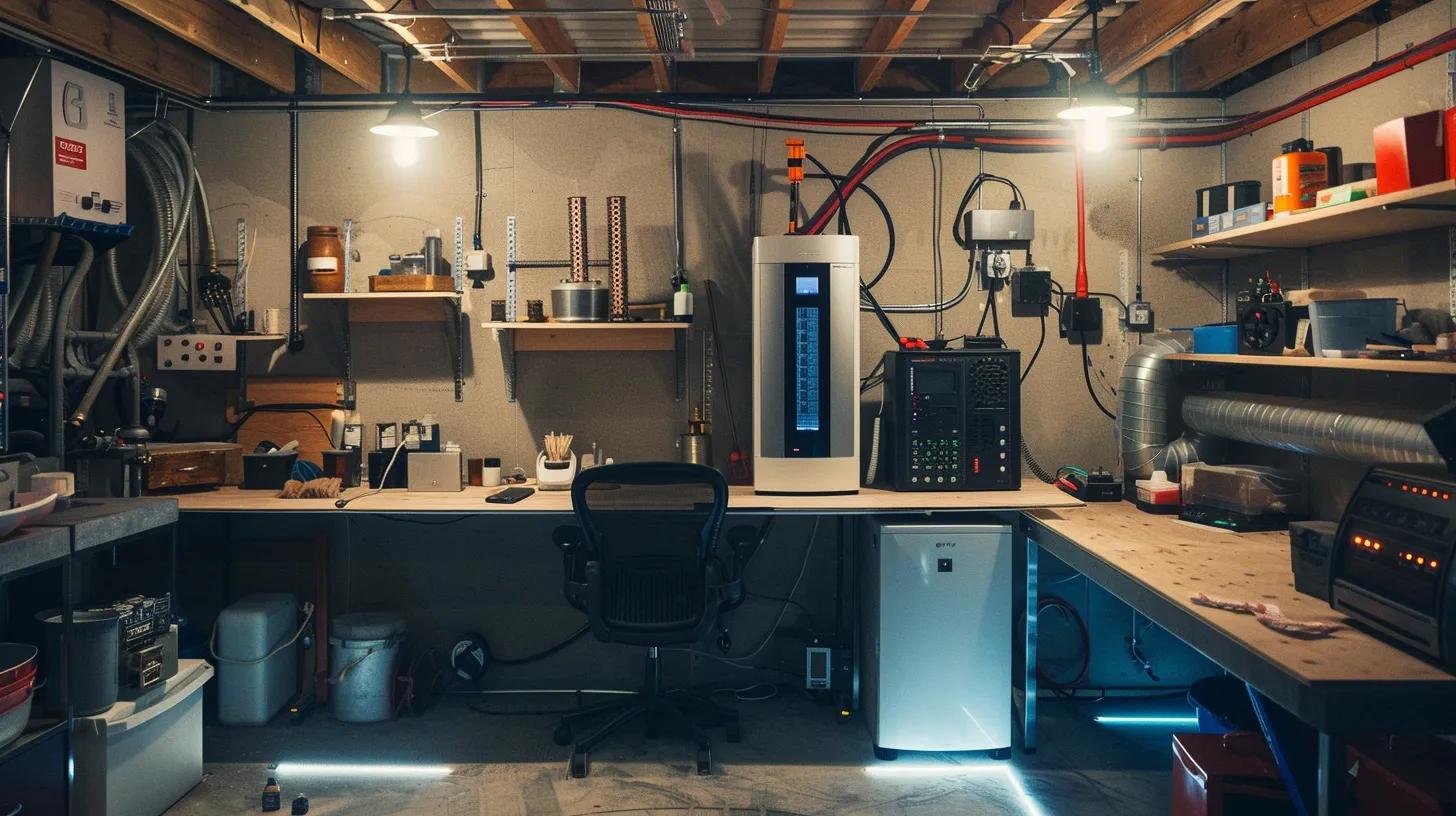 a meticulously organized basement workspace showcases advanced waterproofing solutions, featuring a sleek modern dehumidifier and high-tech sealing systems installed along the walls, under bright industrial lighting that emphasizes the quality of craftsmanship and durability.