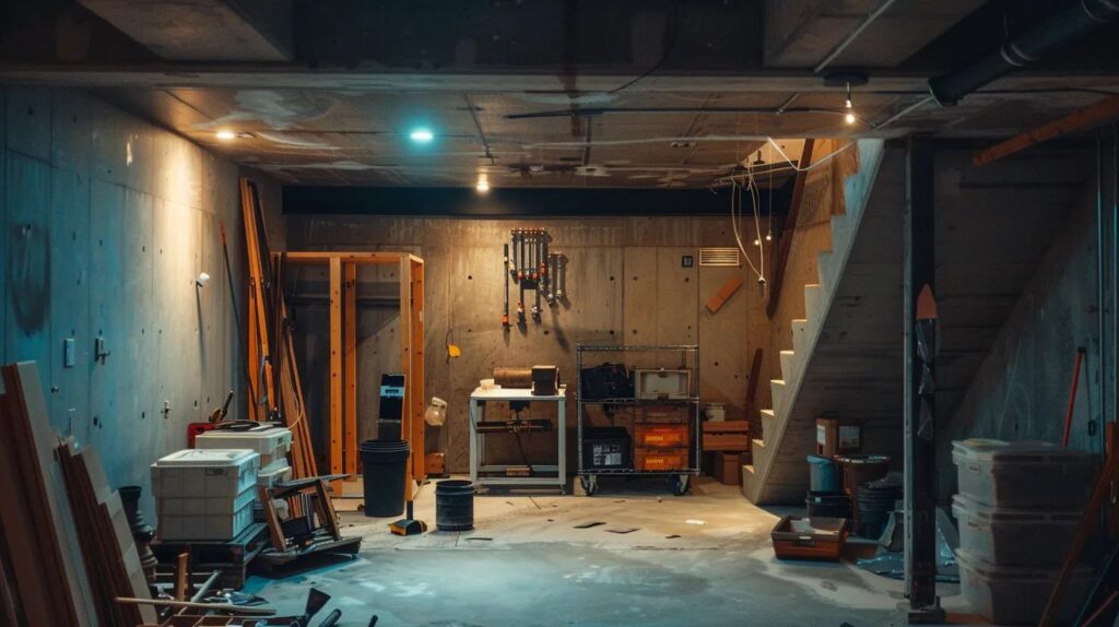 a modern basement undergoing waterproofing treatment, showcasing sturdy industrial equipment and water-resistant materials against a backdrop of smooth concrete walls, well-lit by soft artificial lighting to emphasize the transformation process in wilmington, de.