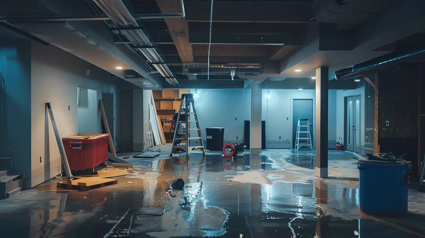 a modern, well-lit basement undergoing waterproofing, showcasing technicians applying specialized sealants to interior walls, alongside a sump pump installation in a sleek environment with visible drainage systems being integrated for optimal moisture control.