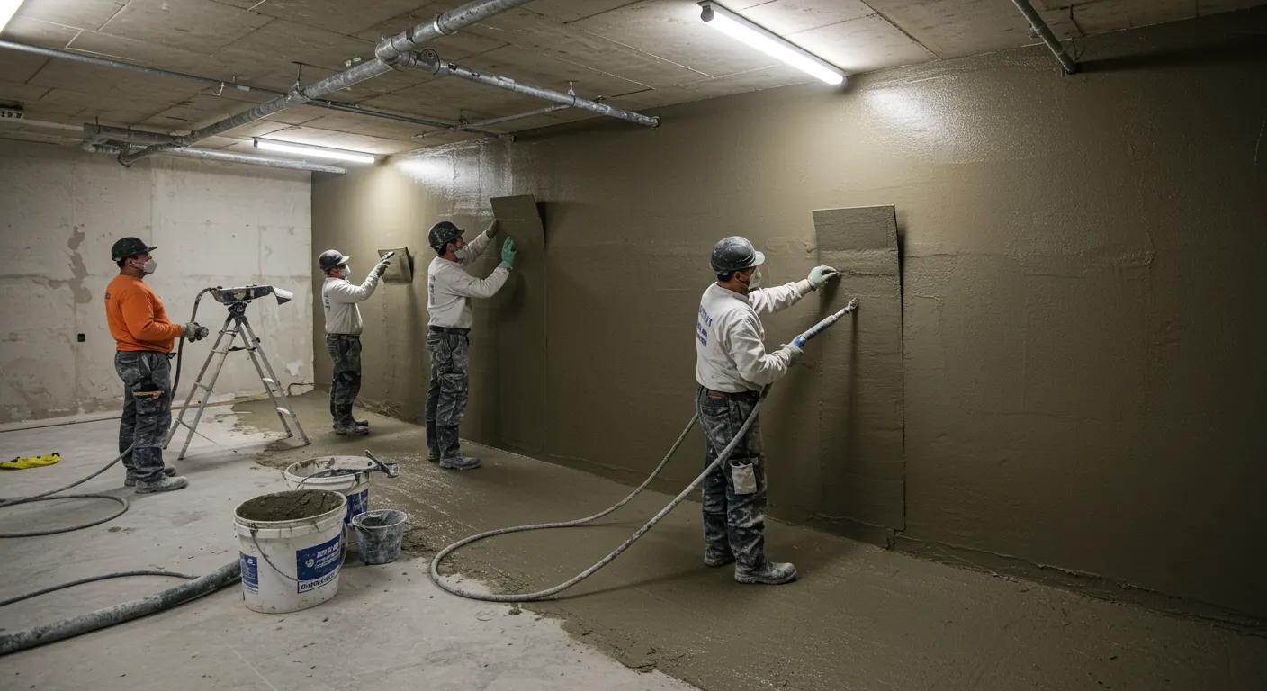 a focused interior scene captures a team of technicians in full protective gear meticulously applying a cementitious waterproofing coating to the walls of a basement, highlighted by professional-grade lighting that emphasizes the clean lines of their efficient workspace and the high-quality materials being utilized.
