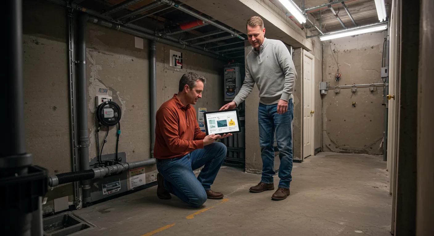 a professional setting showcases a satisfied homeowner and a service technician conducting a thorough post-installation inspection of a fortified basement, featuring modern waterproofing systems and high-quality materials, with informative maintenance guidelines displayed on a digital tablet.