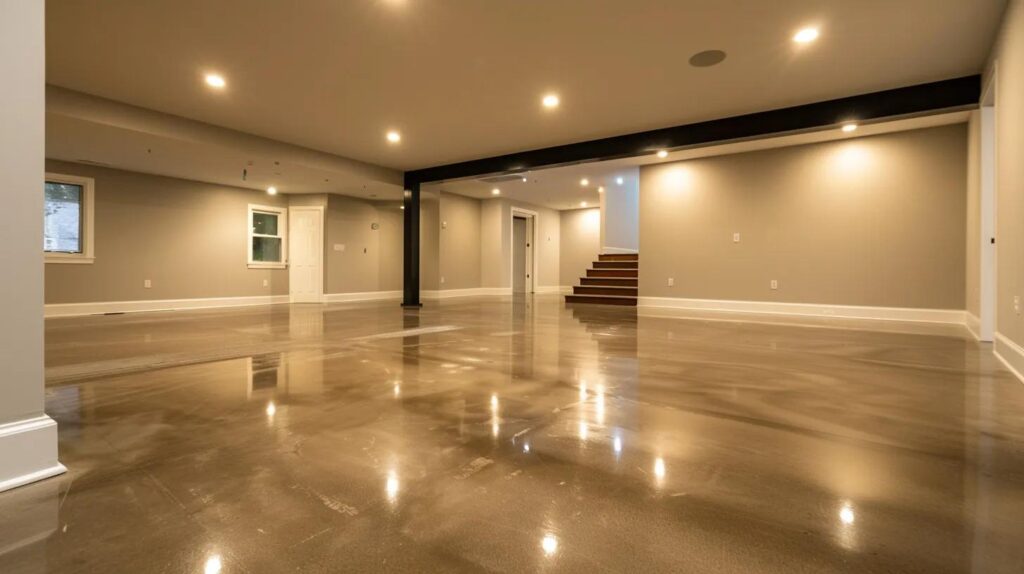 a modern basement with sleek, polished concrete floors and high-tech waterproofing systems showcased, illuminated by bright overhead lighting, emphasizes the effectiveness and professionalism of cost-effective waterproofing solutions.