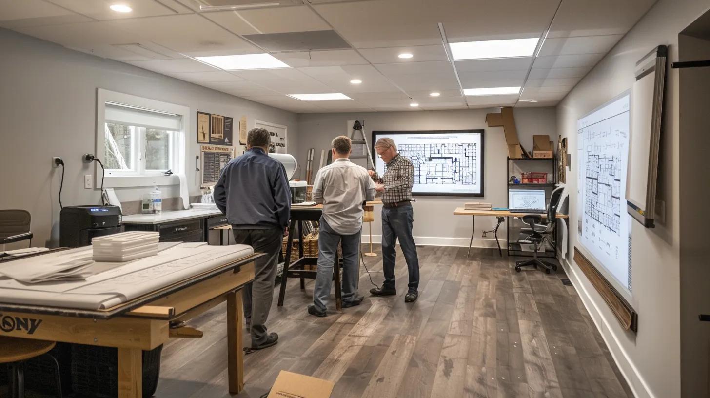 an organized basement waterproofing consultation room features a professional team engaged in a thorough property assessment, with blueprints and technical diagrams displayed prominently, highlighting the importance of addressing moisture management challenges.