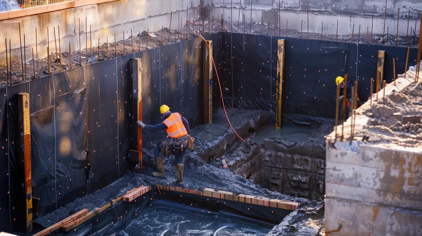 a professional contractor meticulously working on an excavated foundation, applying durable waterproof membranes and installing a drainage system, all set against a modern urban backdrop to highlight the importance of exterior waterproofing for basement flood protection.