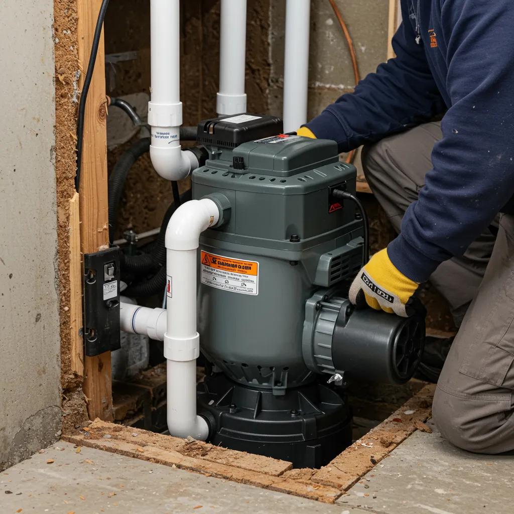 Sump pump installation in a basement, highlighting its role in flood prevention