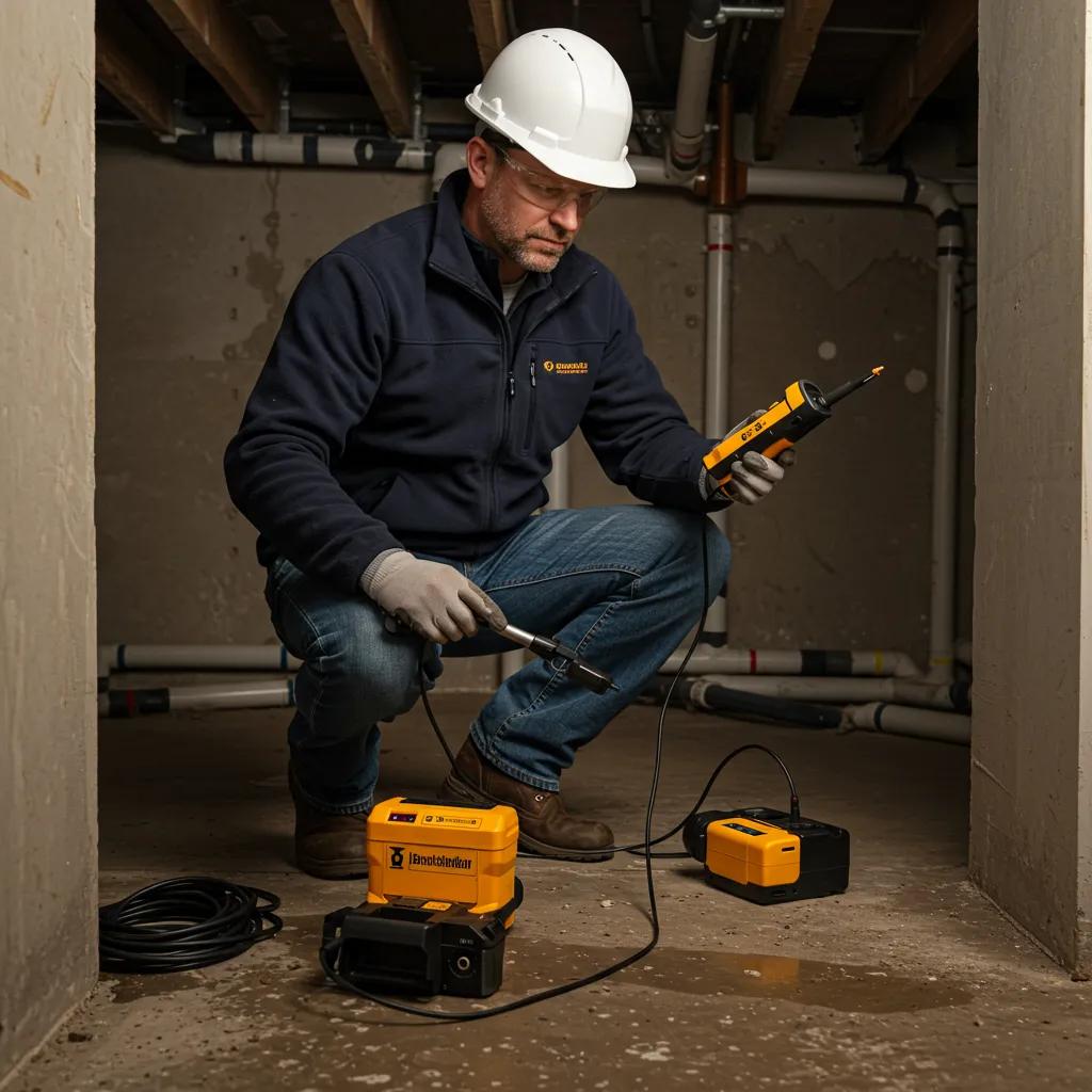 Professional basement waterproofing technician inspecting a basement for moisture issues