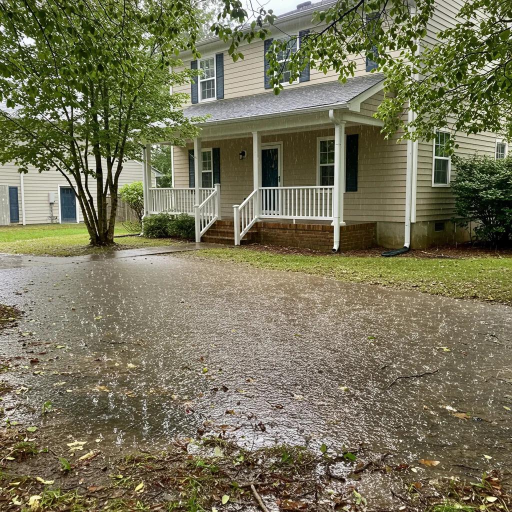 Wilmington home experiencing heavy rainfall and water pooling around the foundation