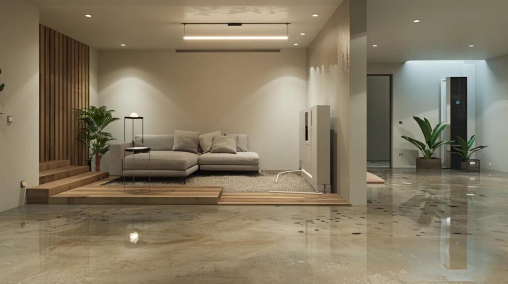 a sleek, modern basement equipped with advanced waterproofing technology displays a dehumidifier and high-tech water management system, emphasizing the importance of professional flooding solutions in a clean, well-lit setting.