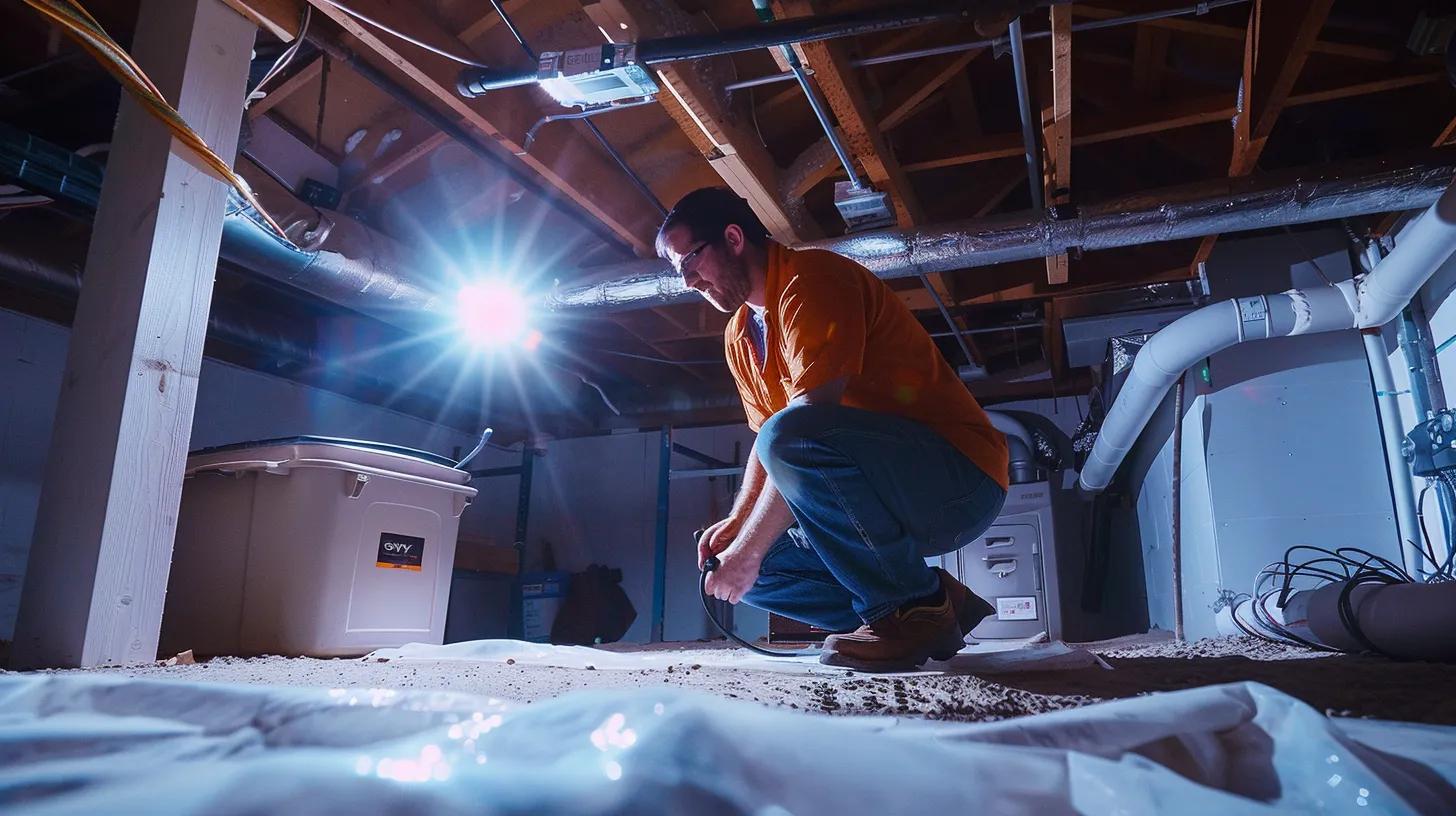 a professional basement waterproofing technician inspects a dry, modern basement with high-tech equipment, illuminated by bright overhead lights, showcasing the meticulous process of evaluating waterproofing solutions tailored for homeowners in wilmington, de.