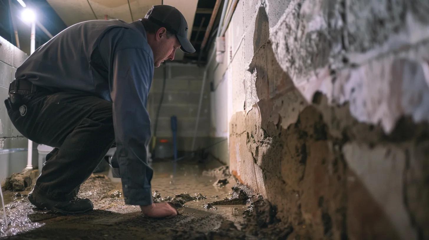 a detailed view of a professional inspector examining a basement's concrete walls and floors under artificial lighting, highlighting signs of moisture damage and vulnerabilities that reveal potential flooding risks in a wilmington, de home.