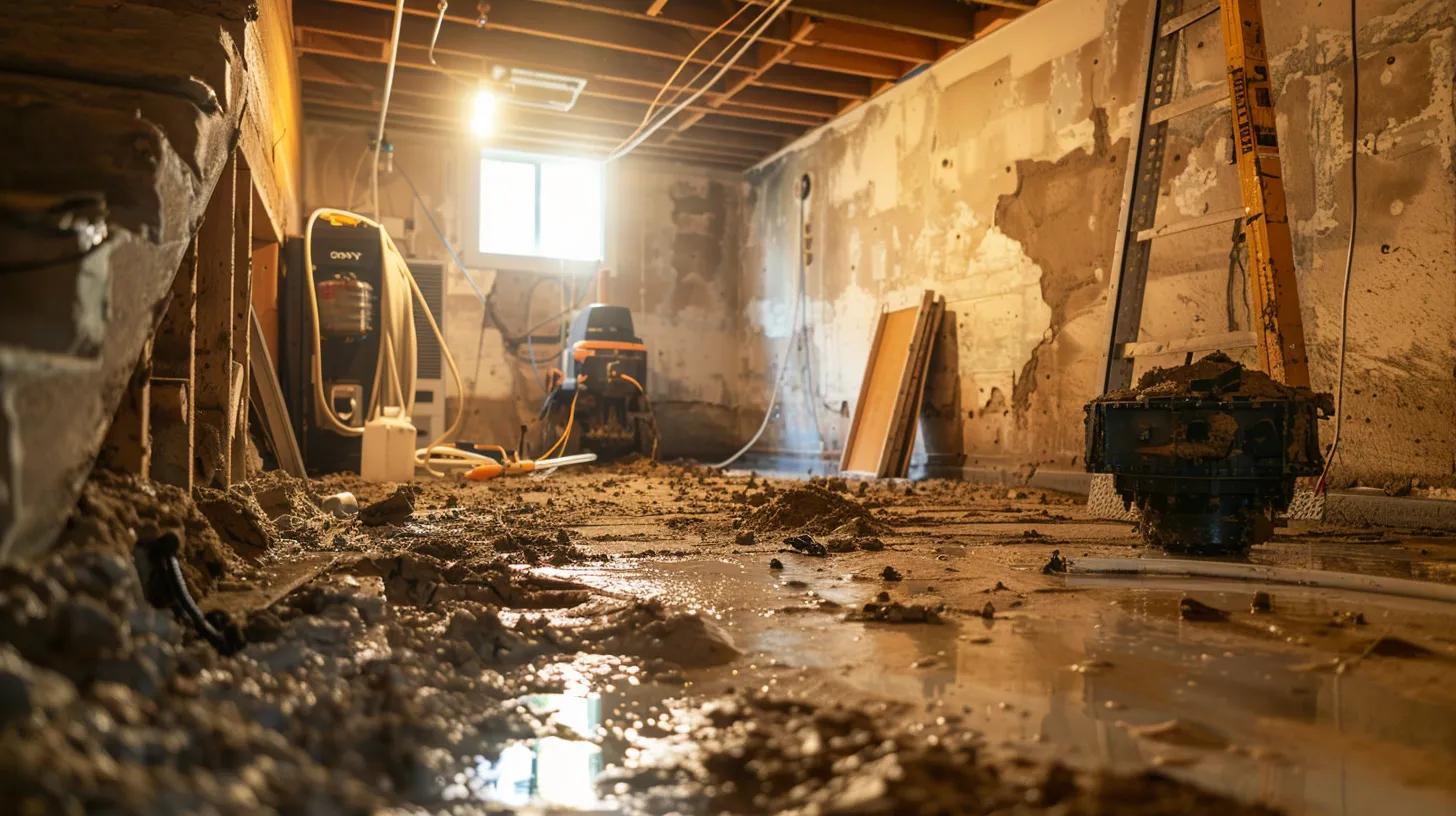 a modern, well-lit basement showcasing professional mold remediation in progress, with clean, high-tech equipment visibly removing moisture and contaminants from the walls, emphasizing a safe and healthy environment post-flooding.