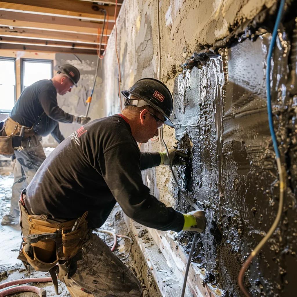 Professional basement waterproofing team applying materials in a residential setting