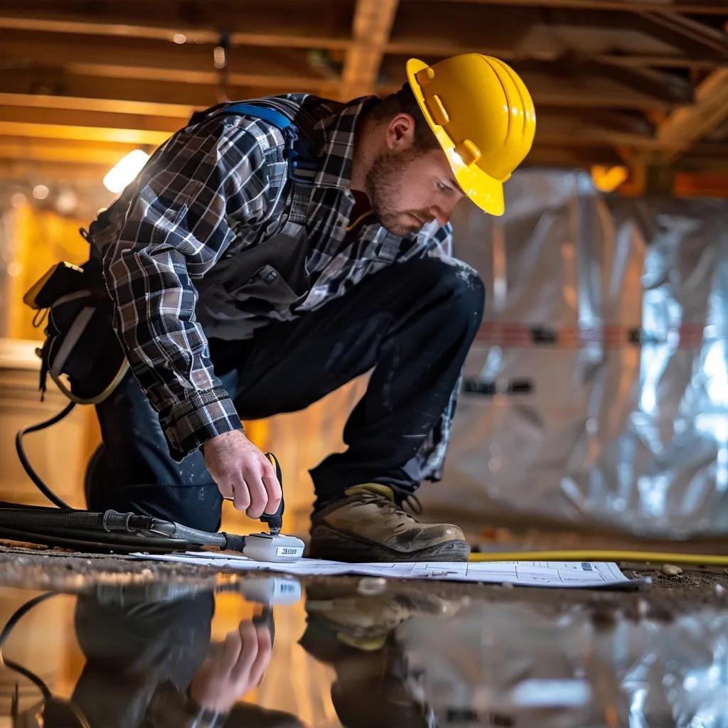 Certified contractor inspecting a basement with advanced tools for waterproofing