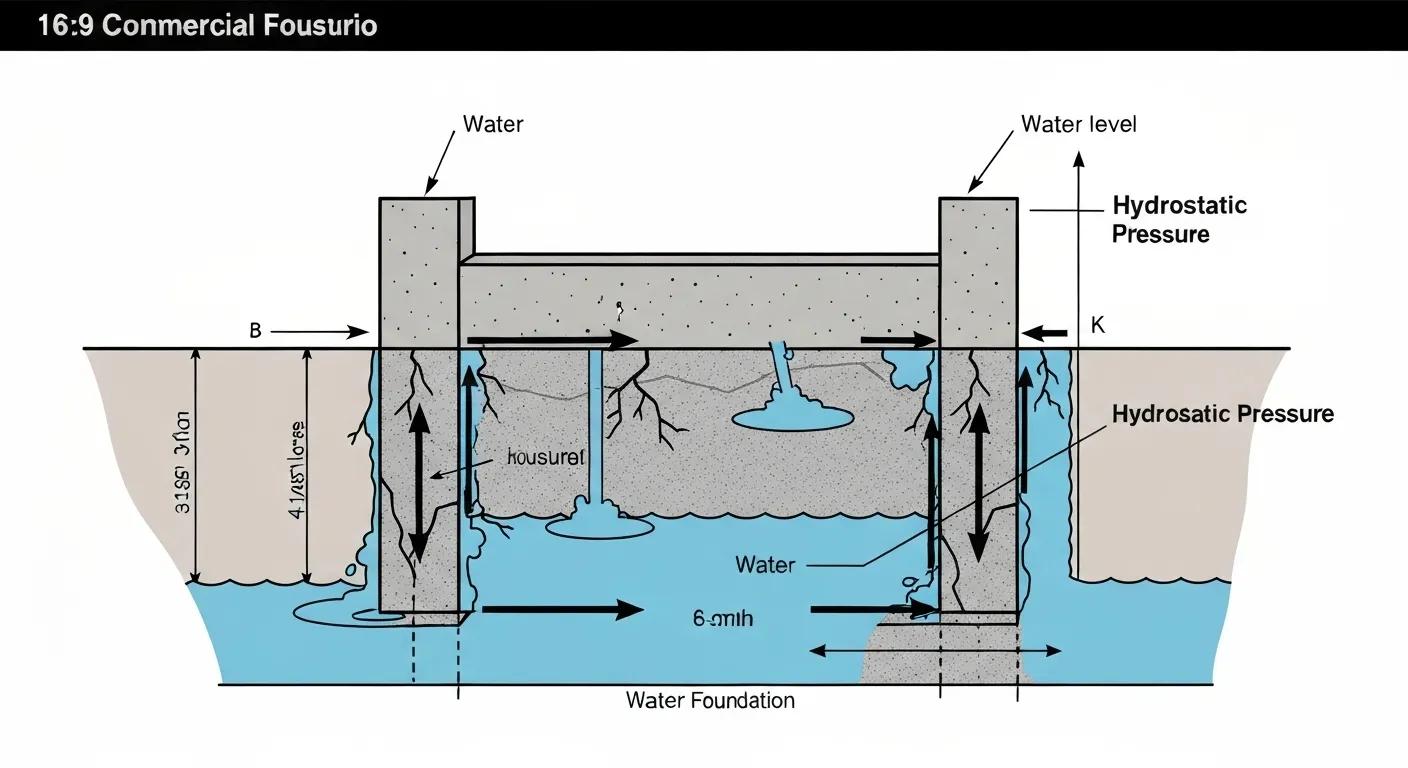 Diagram illustrating hydrostatic pressure impacting a commercial foundation, showing water accumulation and potential structural stress
