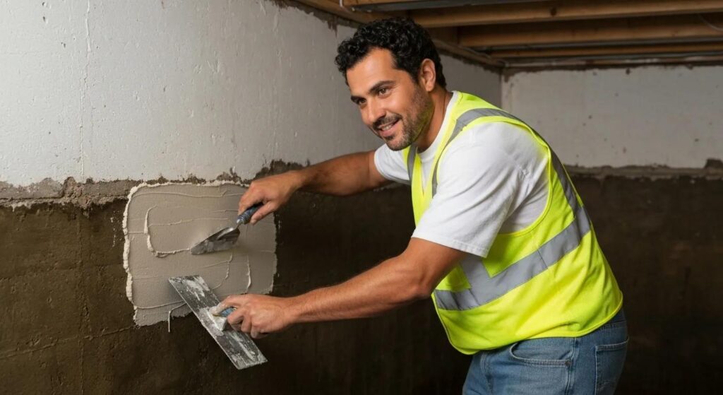 Commercial basement waterproofing specialist examining a foundation wall with waterproofing materials