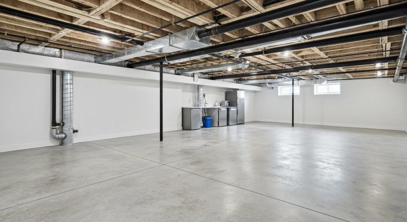 Commercial basement waterproofing benefits highlighted by a dry, well-maintained basement area