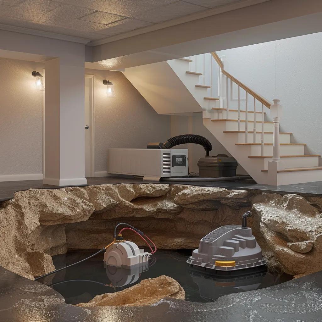 Basement waterproofing features including sump pump and drainage system for flood prevention