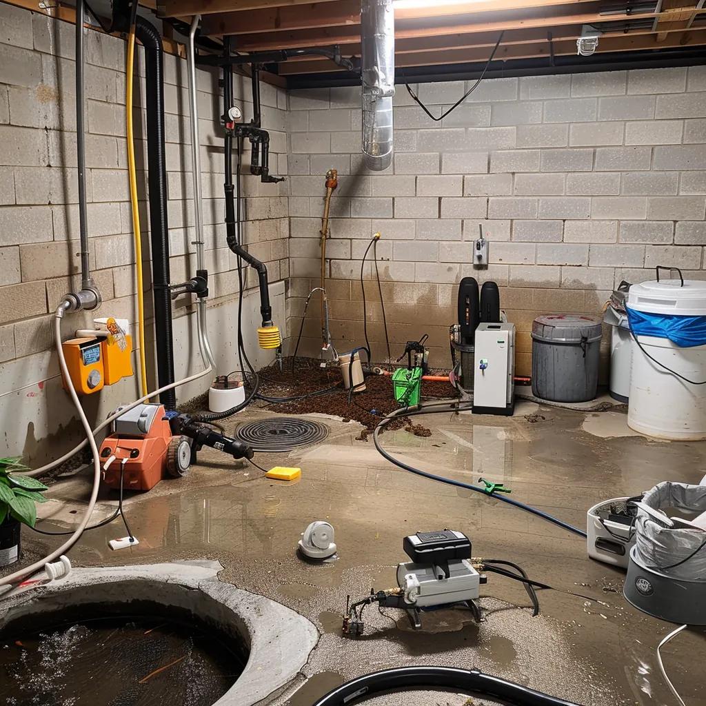 Sump pump installation with battery backup system in a basement